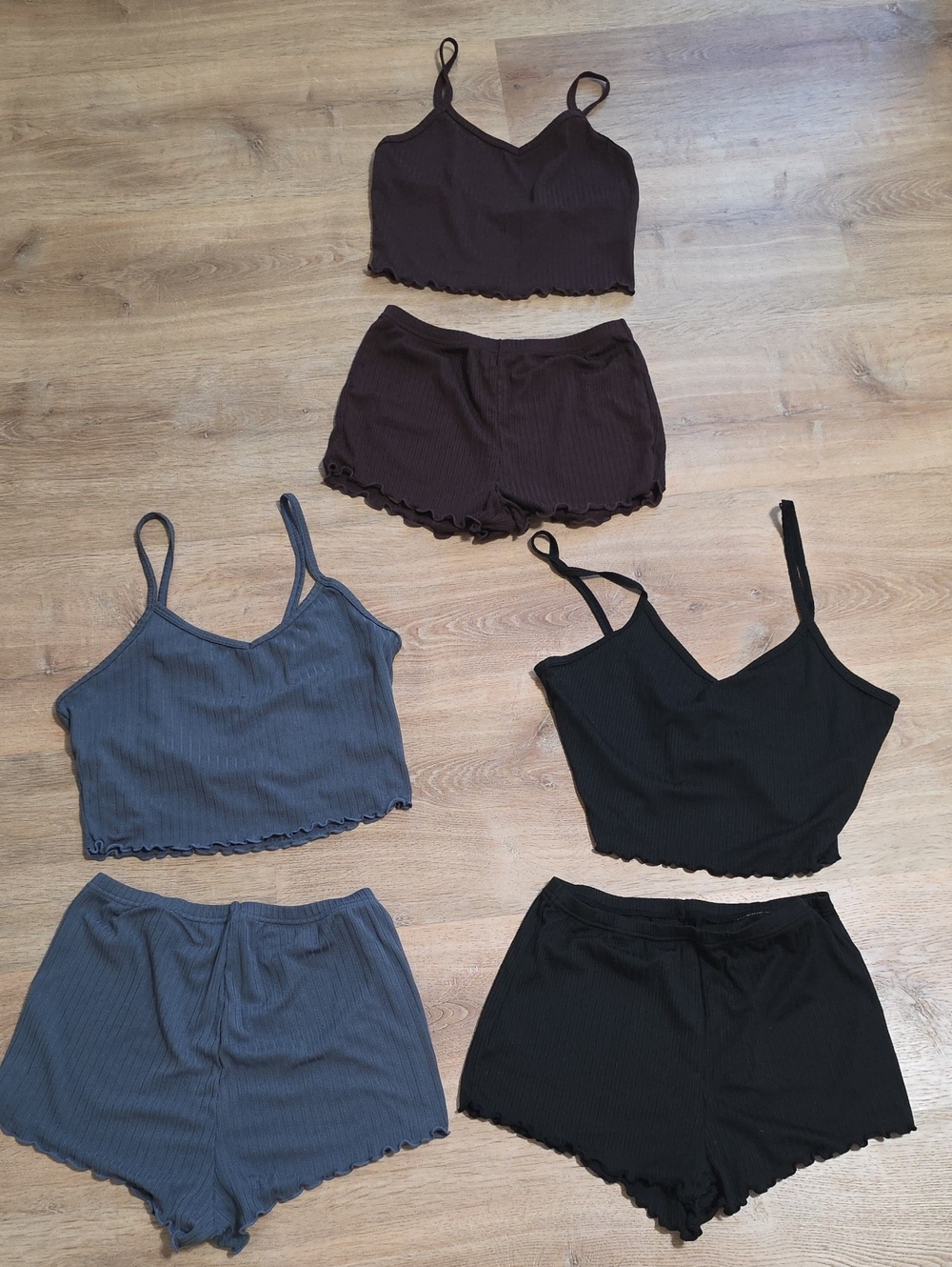 SHEIN Ribbed Cami & Shorts Sleep Set - Brown, Gray, Black